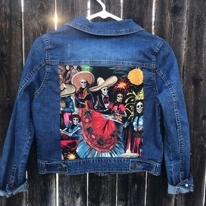 Blue Jean Jacket stitched with Day of Dead fabric